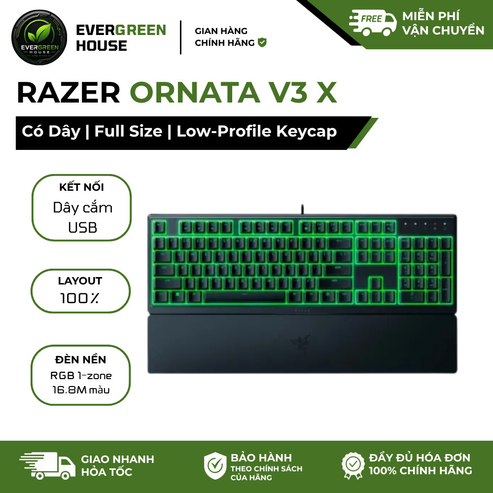 Bàn Phím Gaming Razer Ornata V3 X Có Dây | Full Size | Low-Profile Keycap | Keycap Phủ UV | Silent M