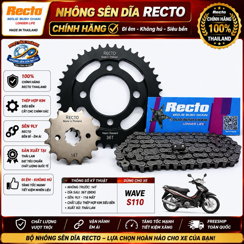 Bộ Nhông Sên Dĩa Wave s110 [Bộ Đen 9Ly] - Phụ Tùng Chính Hãng Recto Thailand