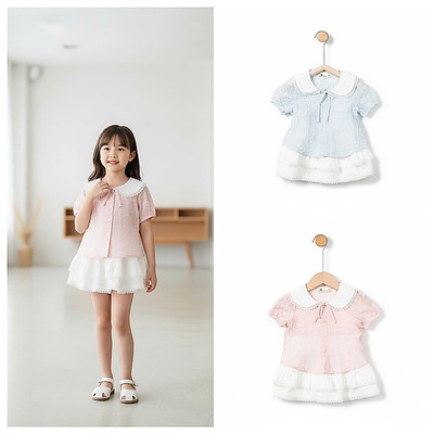 Bộ hè bé gái sơ mi chân váy LITIBABY, áo sơ mi thắt dây size 2 đến 6 tuổi
