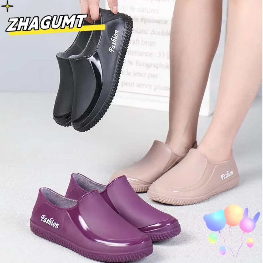 Giày đi mưa nữ ZHAGUMT, Giày đi mưa đáy phẳng chống trượt dành cho nữ, Giày cao su chống nước hàng đầu thấp Giày rửa xe nhà bếp