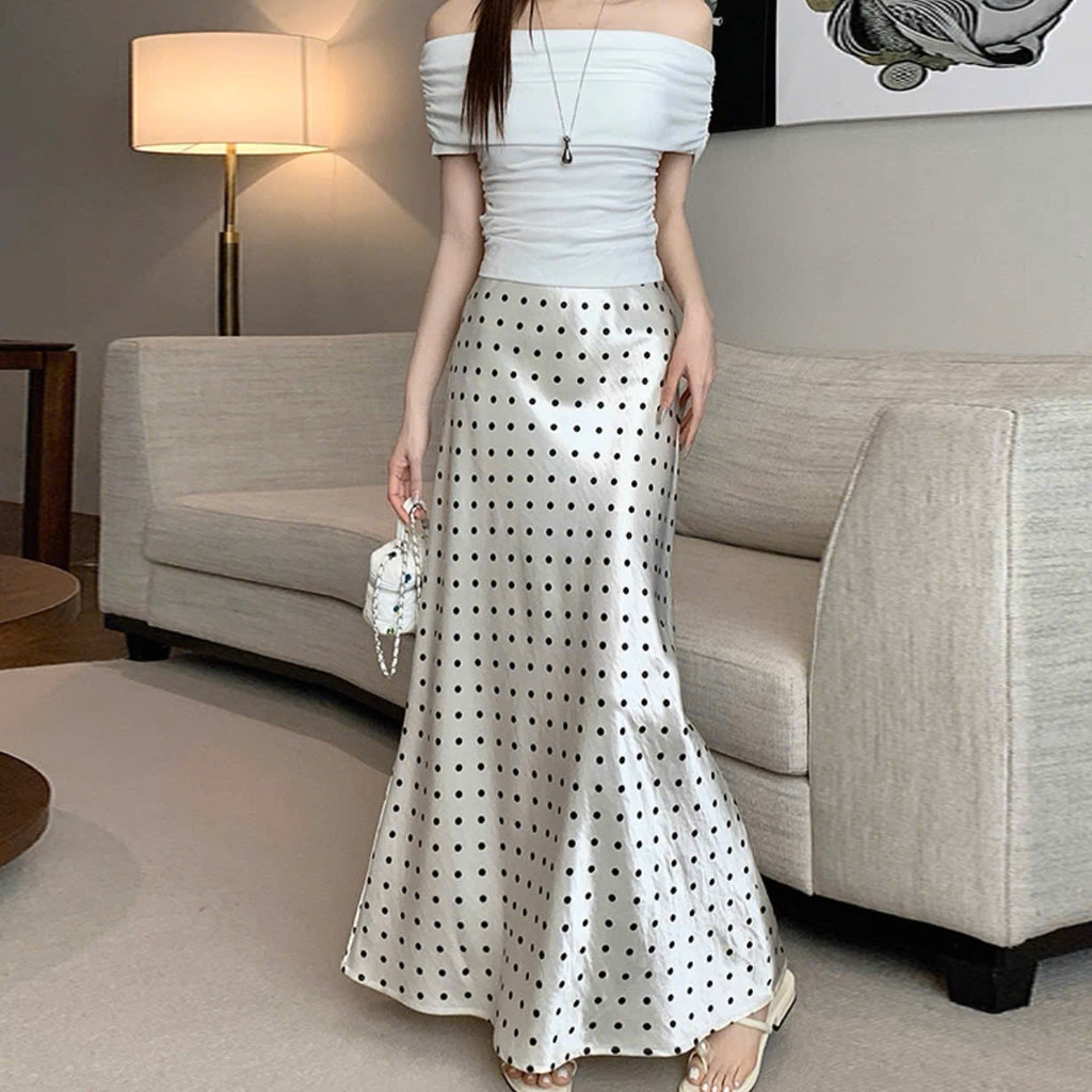 Chân Váy Lụa Dáng Dài Đuôi Cá Xòe Nhẹ Họa Tiết Chấm Bi NV606 Chất Lụa Cao Cấp Siêu Tôn Dáng Sang Trọng | BigBuy360 - bigbuy360.vn