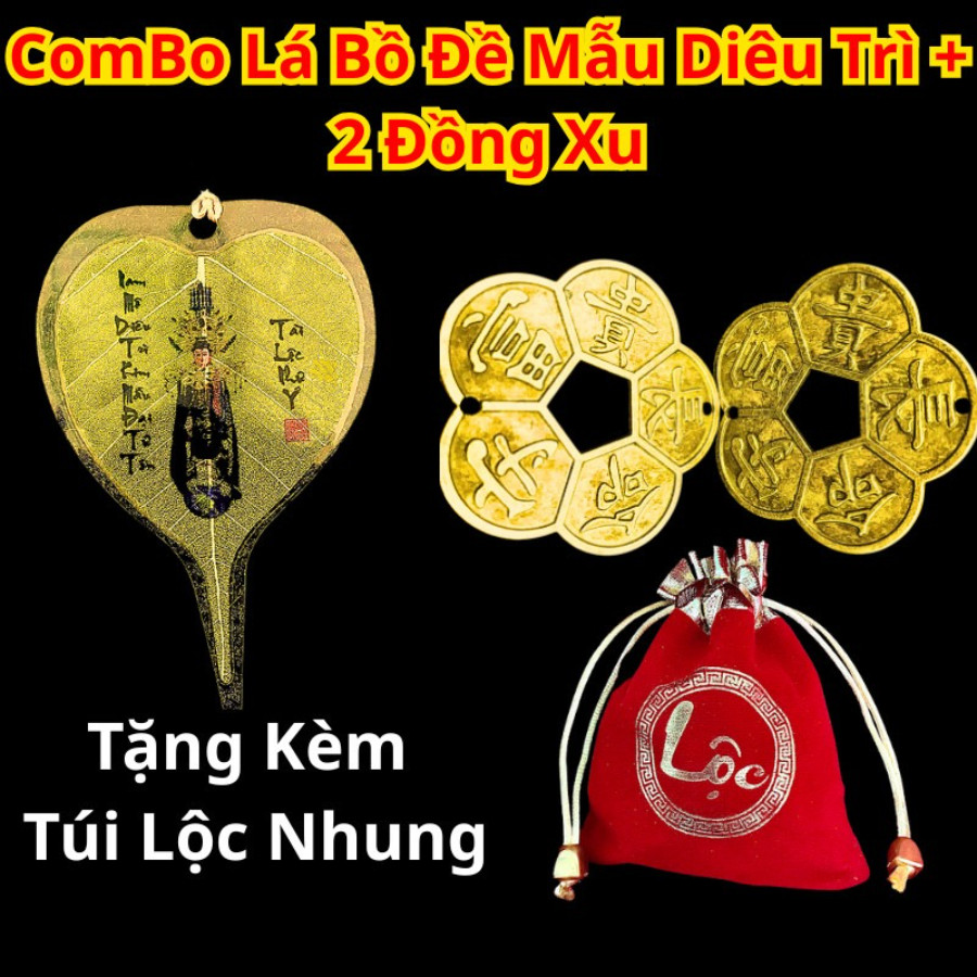 <Đã Khai Quang > Combo Lá Bồ Đề Diêu Trì Và Túi Lộc 2 Xu  - Lá Bồ Đề Phong Thuỷ - Đồng Xu Hoa Mai