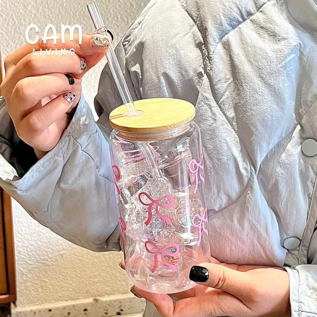 Ly Nơ Hồng Trong Suốt 500ml Kèm Nắp Gỗ & Ống Hút – Ly Nhựa Uống Trà Sữa, Cà Phê