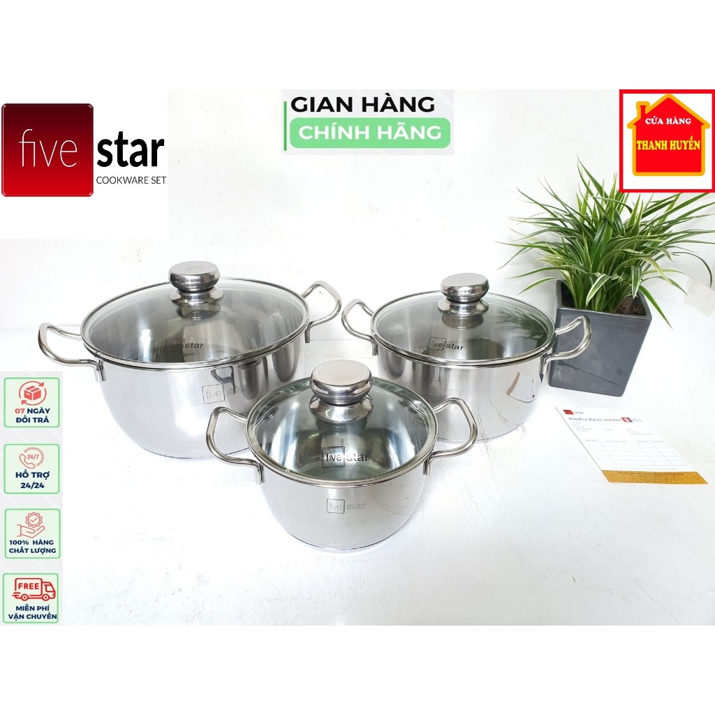 [Chính hãng Fivestar] Bộ 3 nồi 3 đáy Inox 430 cool nắp kính Fivestar