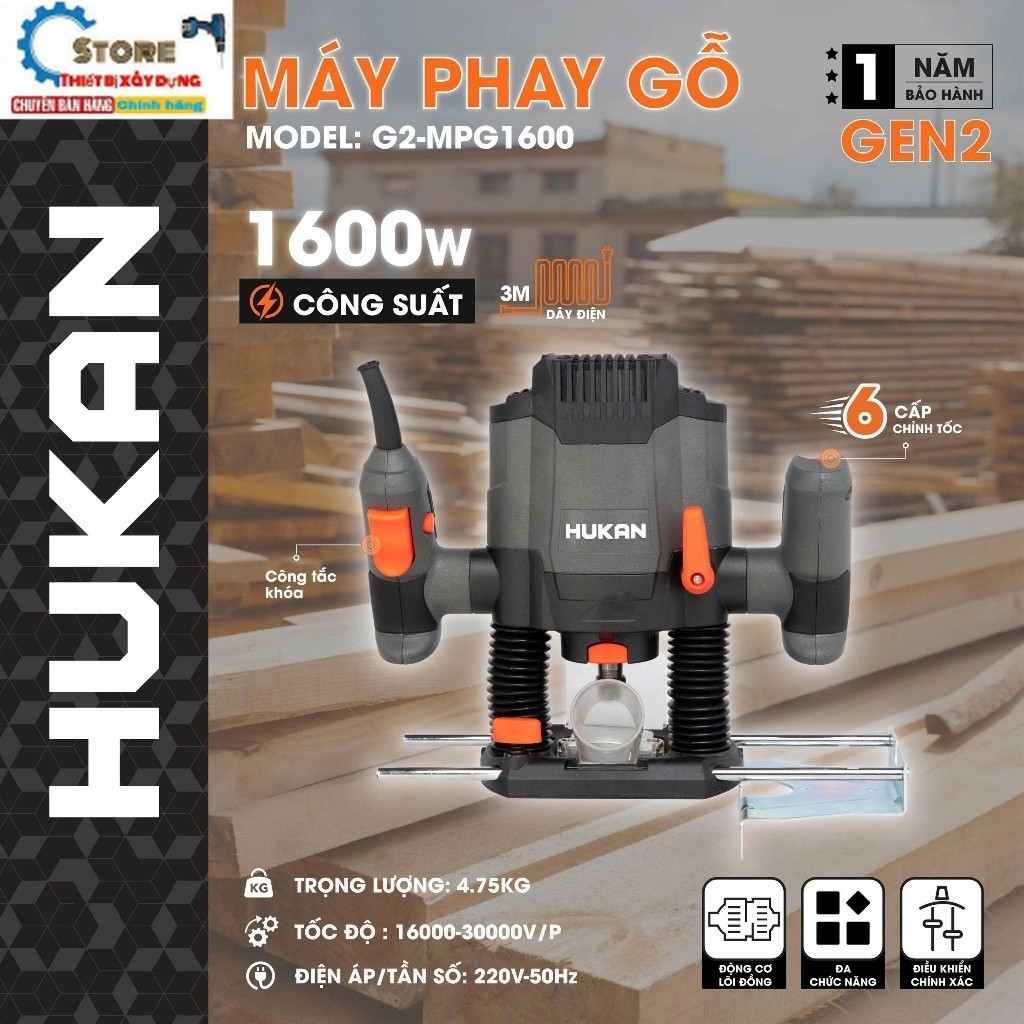 Máy Phay Gỗ Dùng Điện Hukan G2-MPG1600 Chính Hãng HUKAN Store thiết bị HUKAN