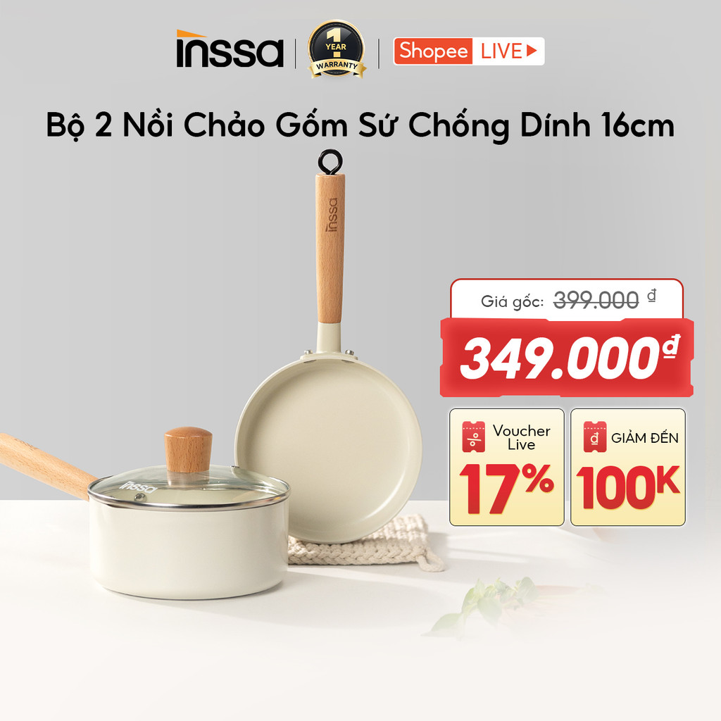Inssa Bộ Nồi Chảo Chống Dính Gốm Sứ Chảo Chiên 16cm Nồi Sữa 16cm Nắp Kính Không PTFE GUOJ042