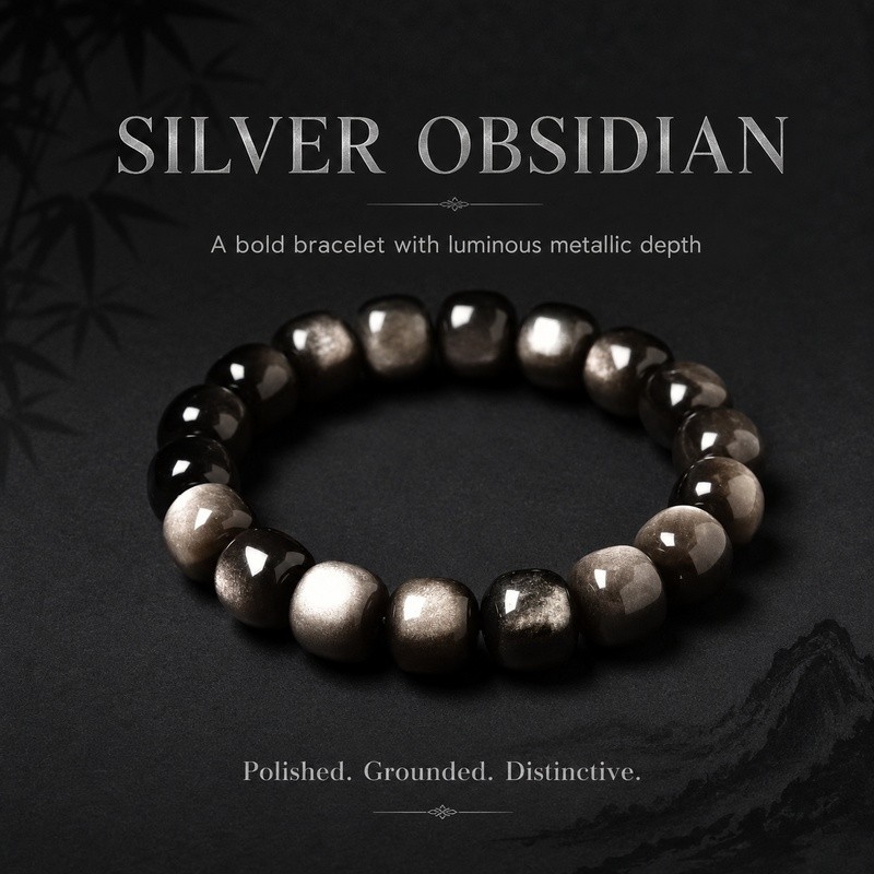 Tự Nhiên Obsidian Bạc Obsidian Cũ Thùng Hạt Vòng Tay Pha Lê Vàng Obsidian Pixiu Vòng Tay Unisex Tay