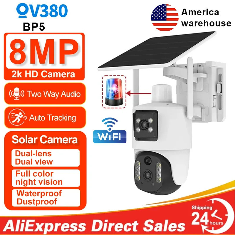Camera năng lượng mặt trời không dây 8MP Ống kính kép WiFi PTZ Camera ngoài trời Pin tích hợp Camera