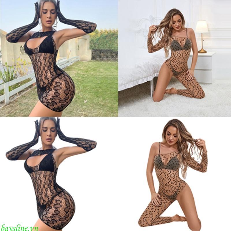 Baysline Nữ Quần Lót Bodystocking Lưới Quần Dài Tay Da Báo Fishnet Bodysuit