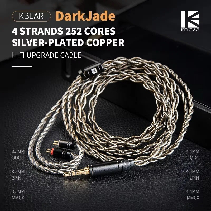 Cáp tai nghe KBEAR DarkJade HIFI có đầu nối QDC / 0,78mm / MMCX 4 dây 252 lõi Dây đồng mạ bạc cho KZ