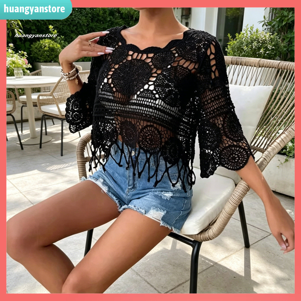 HY Bohemian Tua Rua Áo Sơ Mi Phong Cách Bohemian Che Đi Biển Bohemian Móc Che Cho Nữ – Loose Fit Cổ 