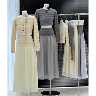 Set Bộ Len Dệt Kim Áo Crotop Mix Chân Váy Dài Nữ Tính, Set Áo Len Tay Dài Phối Chân Váy Mix Voan Điệu Đà Zinna