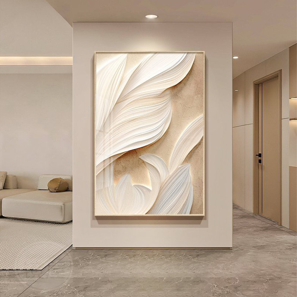 Tranh Treo Tường Lá Trừu Tượng Tông Trắng Kem Sang Trọng | Decor Hành Lang, Phòng Khách Tối Giản