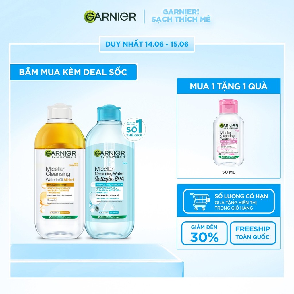 Bộ 2 Nước tẩy trang dành cho da dầu mụn & trang điểm Garnier Micellar Water (400mlX2)