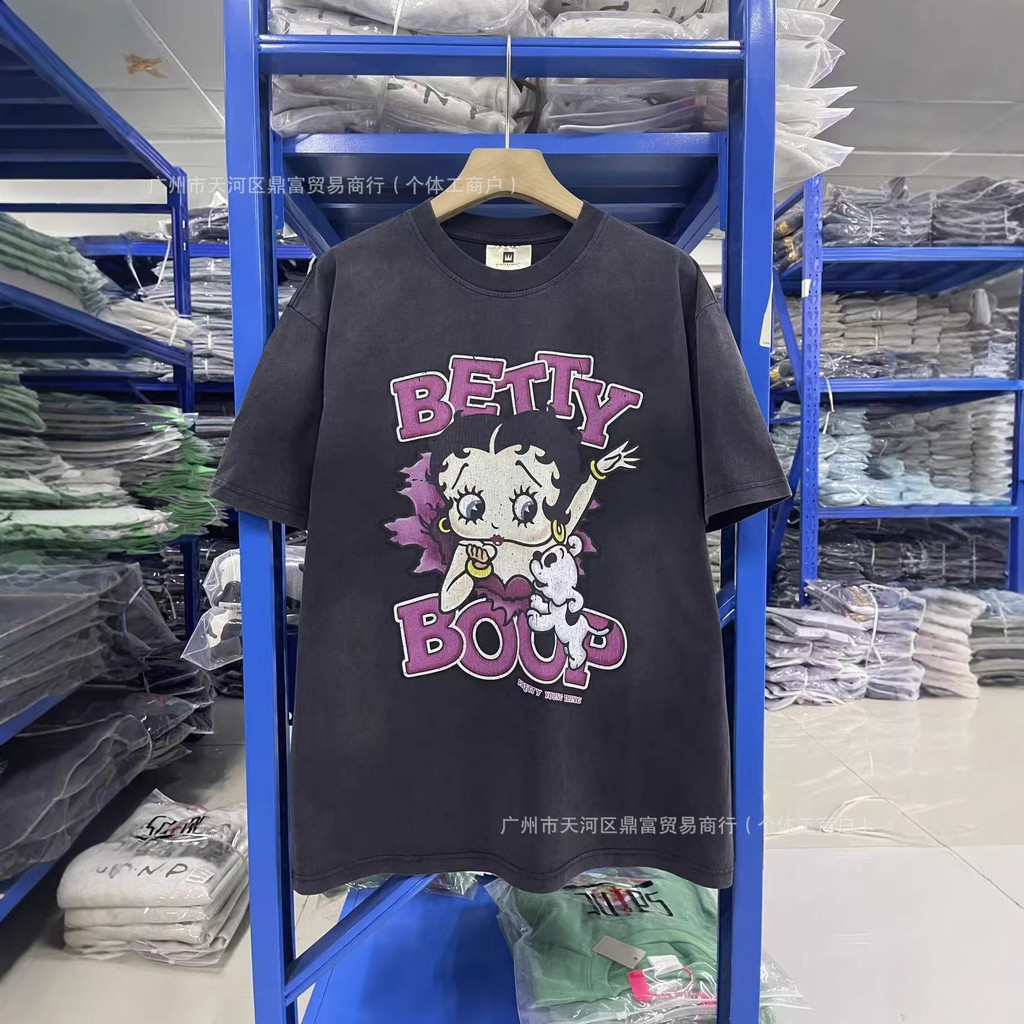 EWMS Vintage BETTY BETTY Hoạt Hình In Hình Nam Phố Retro Rửa Đau Khổ Áo Thun Tay Ngắn