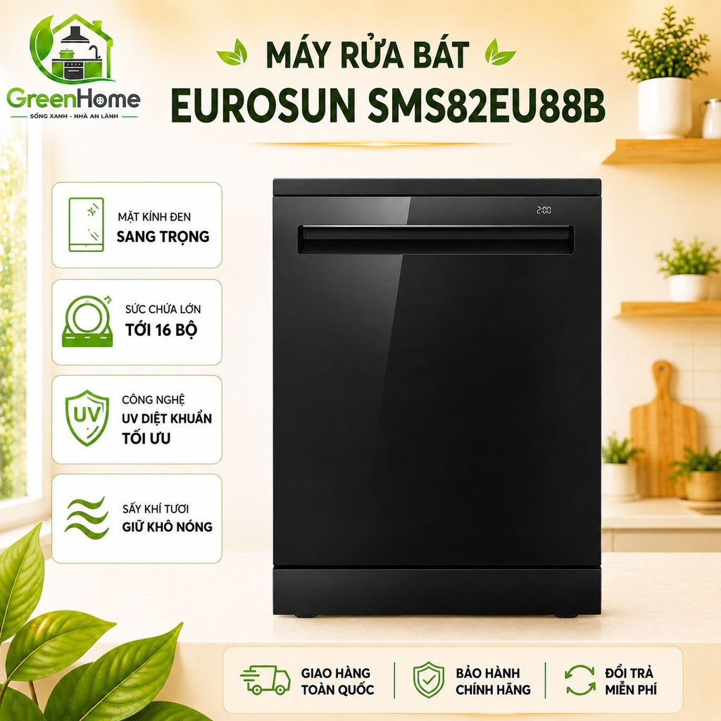 Máy rửa bát Eurosun SMS82EU88B - Nhập khẩu Thái Lan, Hàng chính hãng, Bảo hành 3 năm, sấy PTC khô