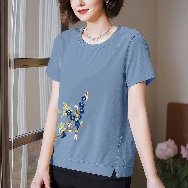 Cotton Short-Sleeved T-shirt Women's Large Size Summer round Neck Top Cotton Short-Sleeved T-shirt W