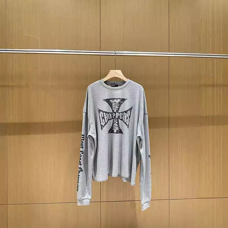 UKMV American Style Vtg Vintage high street loose-fitting versatile waffle pattern Sanskrit long sle