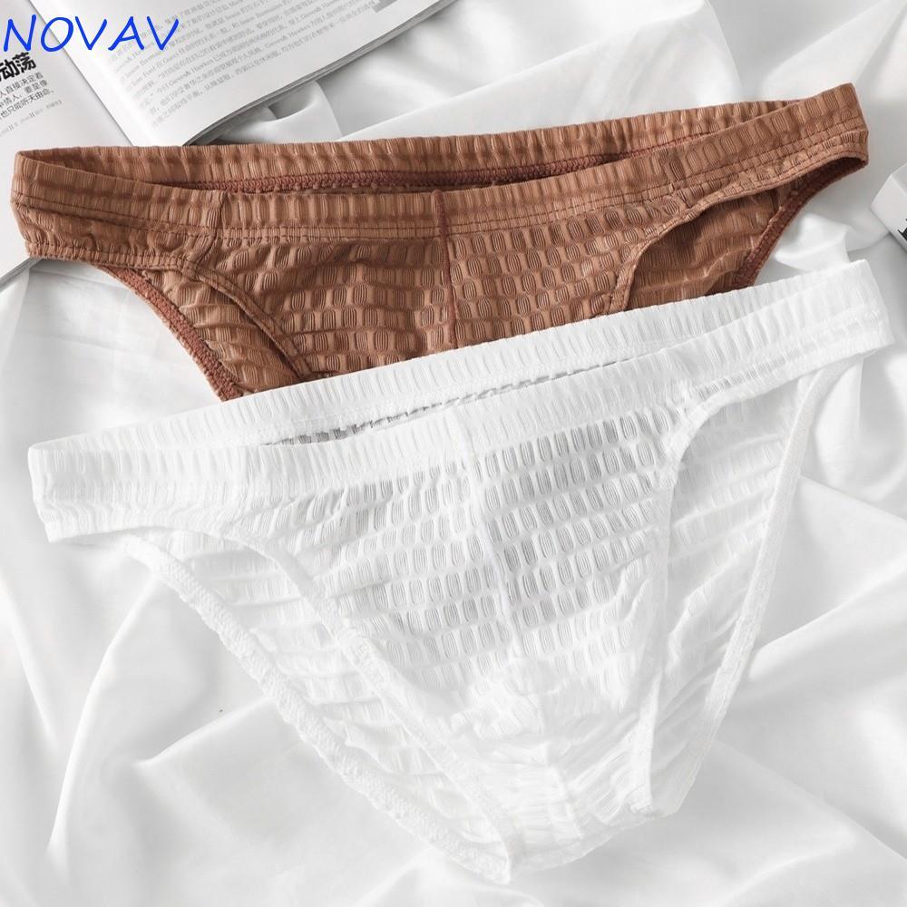 Quần lót nam NOVAVIBE, Quần lót lụa băng lưới eo thấp, Đồ lót siêu mỏng trong suốt màu trơn xuyên th