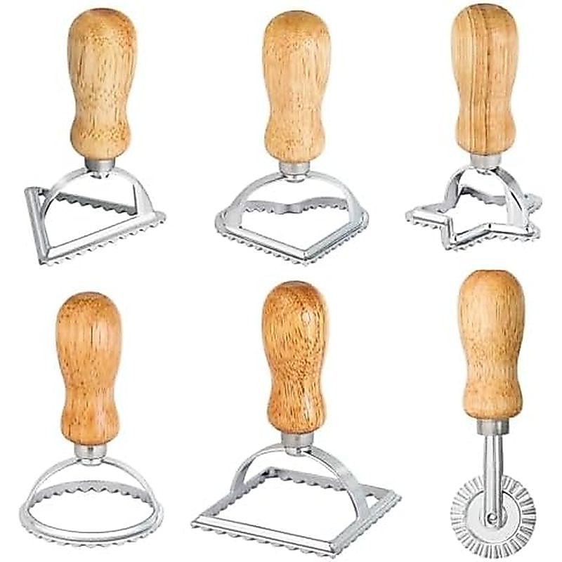 6 Chiếc Máy Cắt Tem Ravioli, Bao Gồm Bánh Xe Con Lăn, Khuôn Làm Pasta Có Tay Cầm Bằng Gỗ Và Cạnh Sáo