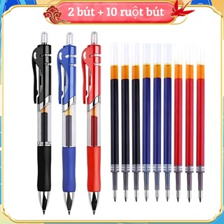  Bút Gel Bấm 0.5mm 2 Cây + 10 Ruột Mực Đen Xanh Đỏ – Viết Trơn Mượt Dung Tích Lớn Học Sinh Văn Phòng Thi Cử 