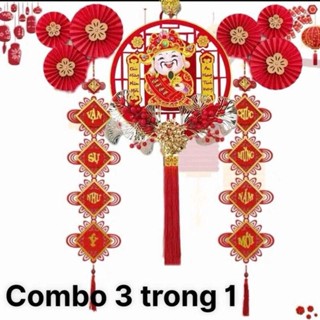   combo 3món dải treo thần tài lắc đầu 38cm và đôi  Khánh nhung cát tường phú quý size lớn 24x113cm tặng kèmsétquạthoa bg 