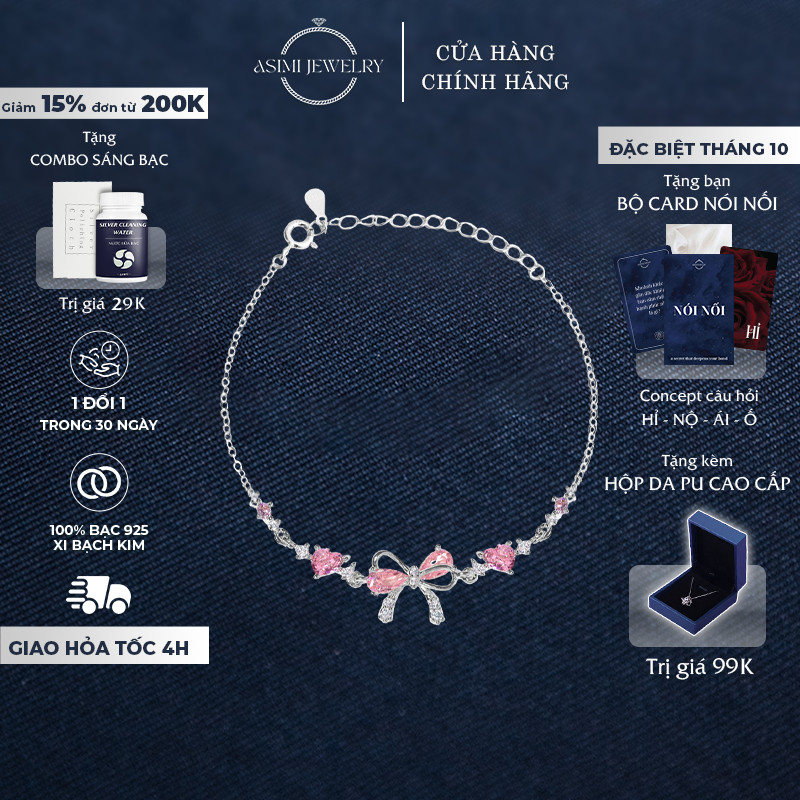 Lắc tay bạc nữ nơ hồng Daisy Asimi, vòng tay bạc Ý S925 dịu dàng trong veo Daisy Róse LT43