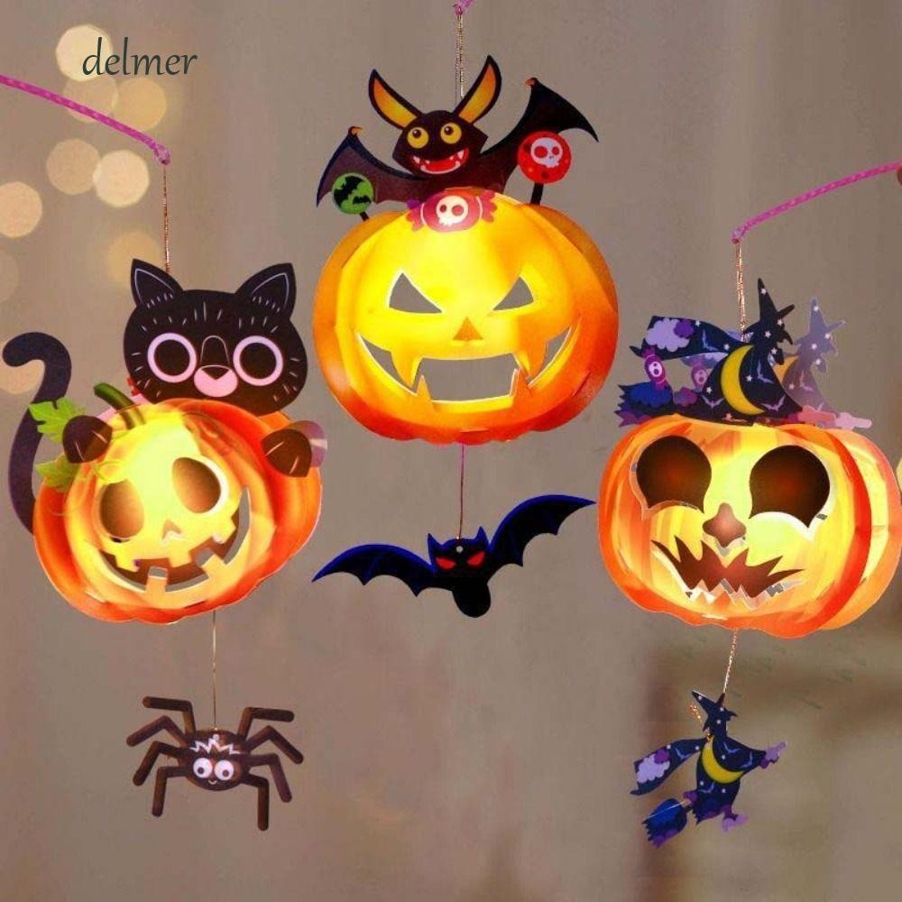 DELMER Halloween Đèn lồng bí ngô, có tay cầm Đèn lồng Halloween phát sáng DIY, Túi vật liệu DIY Bí n