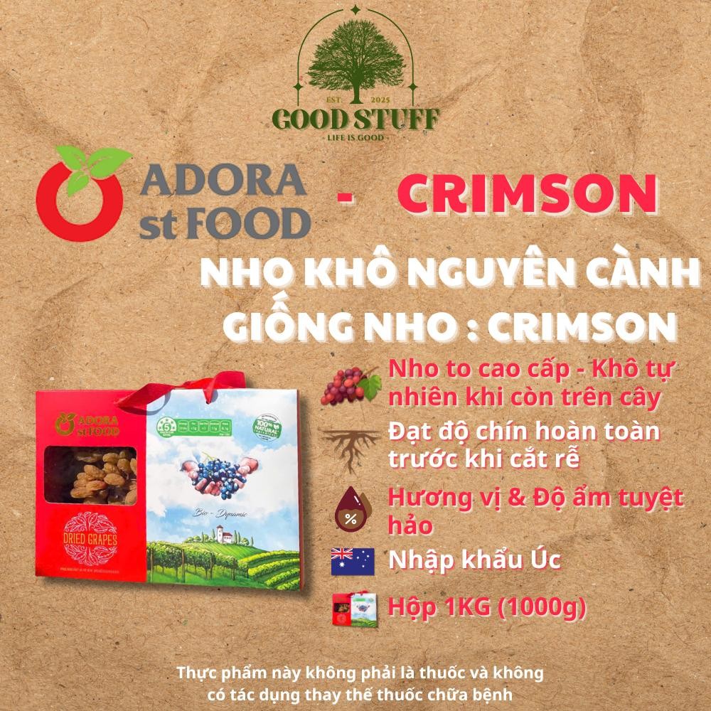 Nho khô nguyên cành, không hạt, giống nho Crimson đỏ, ngọt dịu Adora st Food Crimson (Hộp 1 KG)