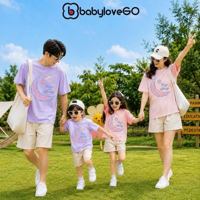 Áo du lịch cho gia đình BabyloveGO, áo đi biển cổ tròn cotton 100% co giãn 4 chiều, đủ size cho bố mẹ và bé