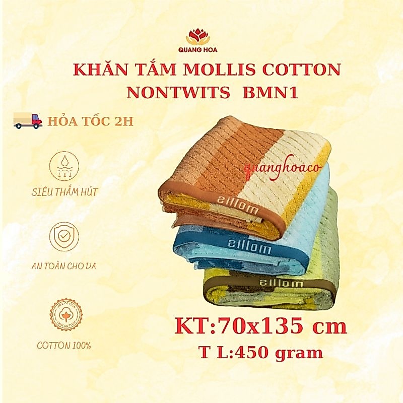 Khăn tắm mollis cỡ lớn chất liệu Cotton Nontwits  BMN1 70x135 cm