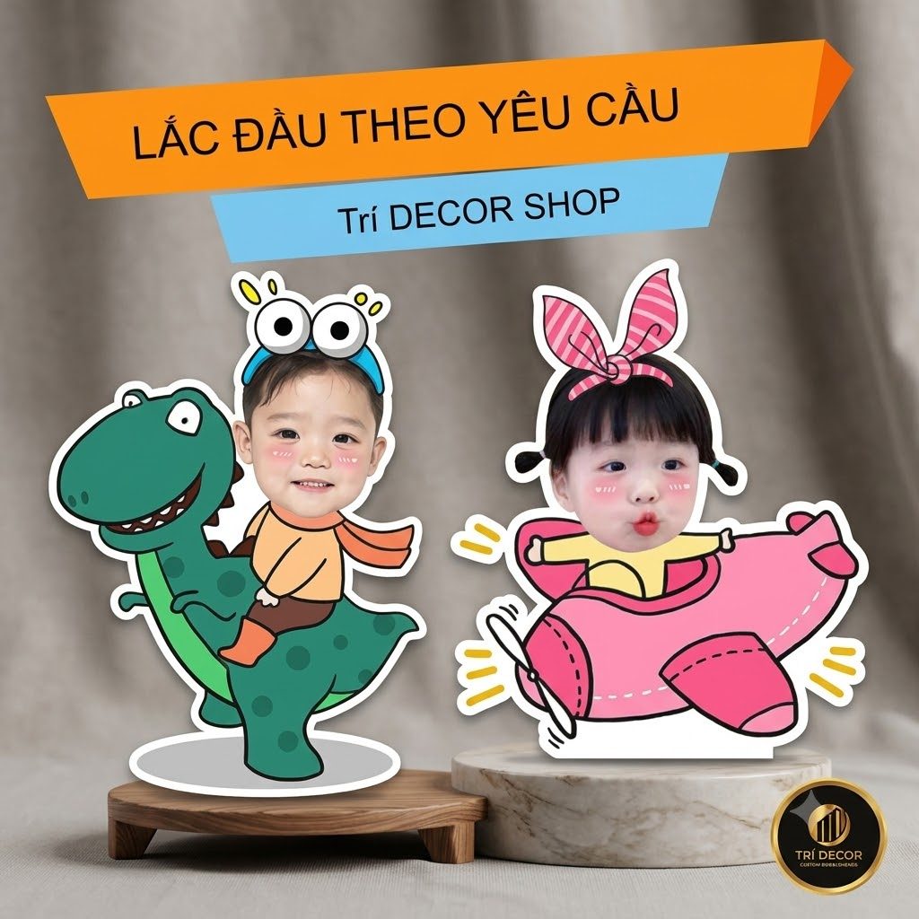 Mô hình standee lắc đầu chạy pin ghép mặt theo yêu cầu chibi cute Trí Decor làm quà tặng, trang trí 
