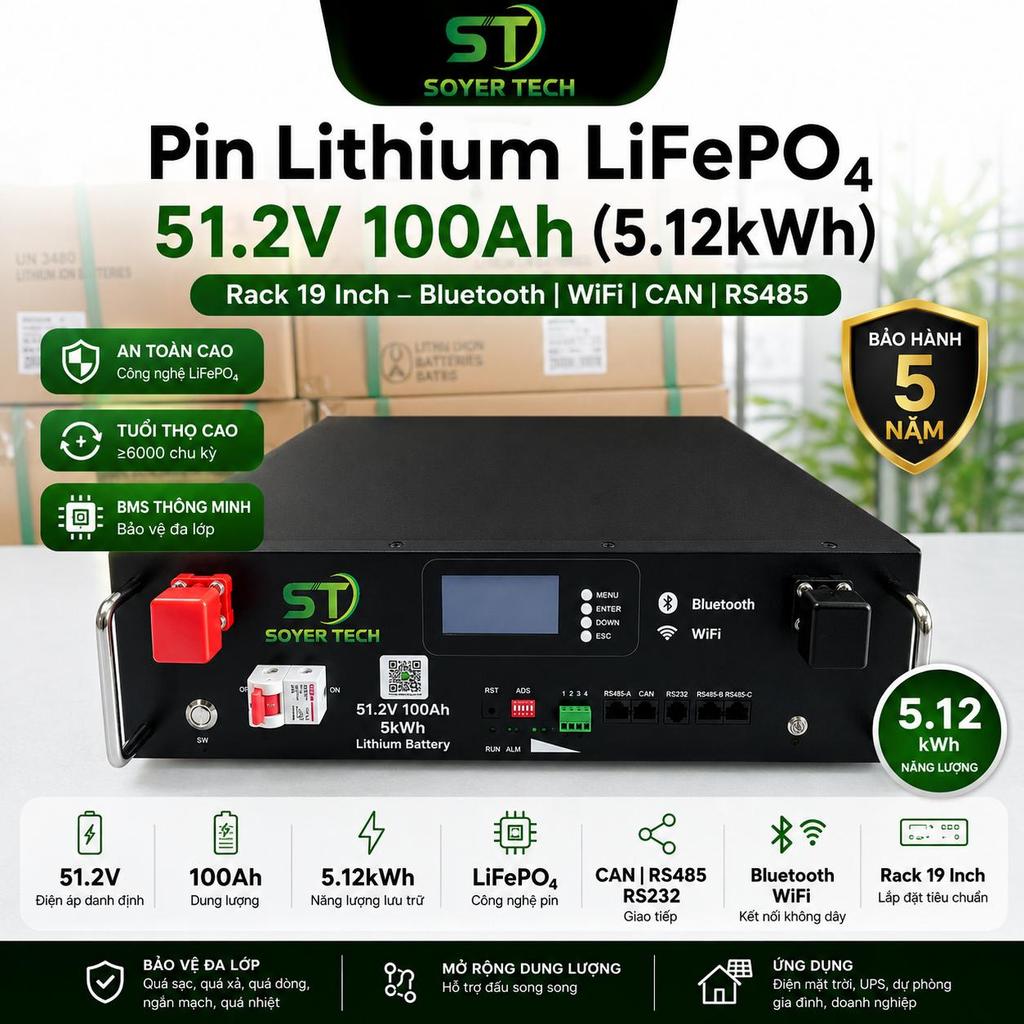 Pin Lithium LiFePO₄ 51.2V 100Ah (5.12kWh) Rack 19 Inch – Bluetooth | WiFi | CAN | RS485