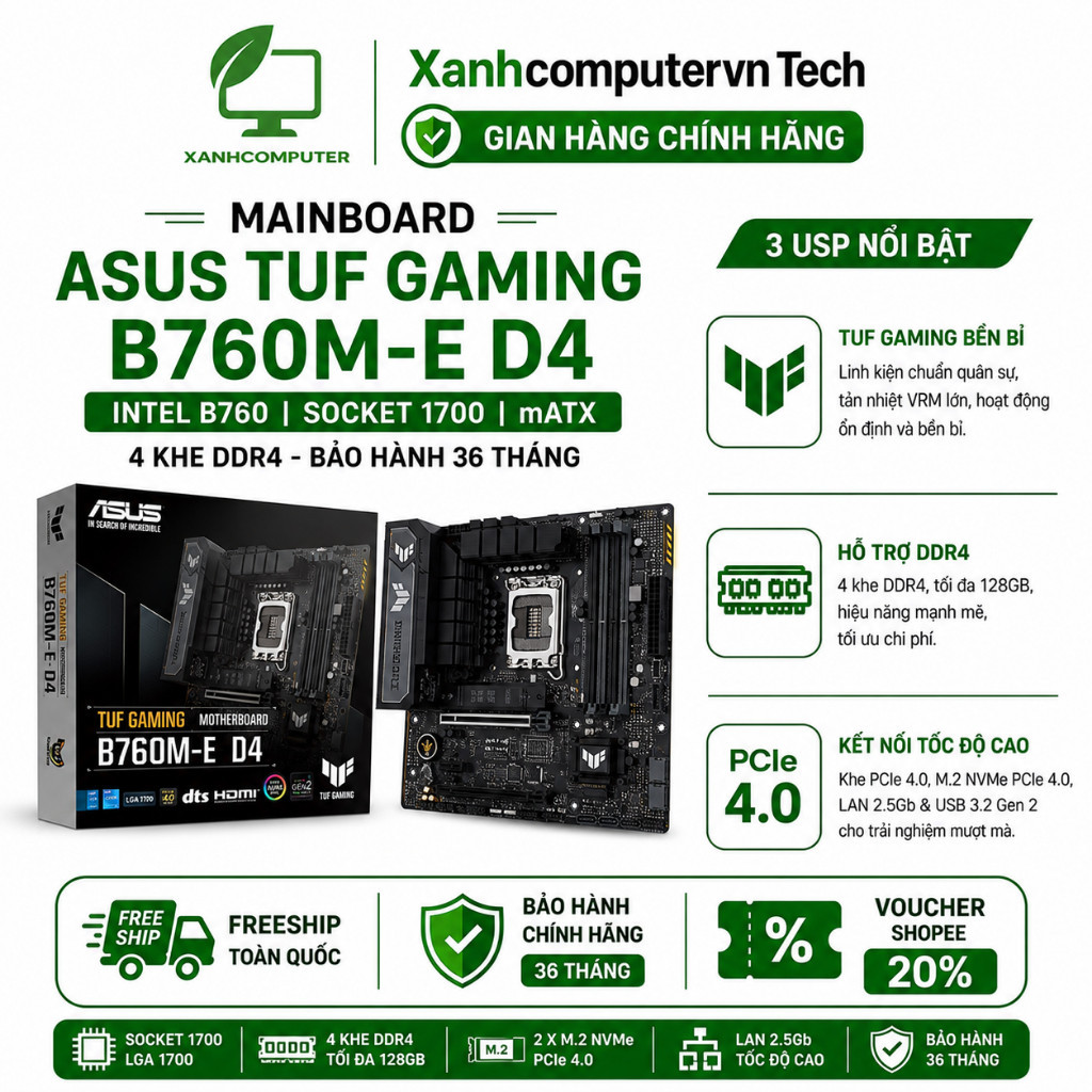Mainboard ASUS TUF GAMING B760M-E D4 | Intel B760, Socket 1700, mATX, 4 khe DDR4 - Bảo hành 36 tháng