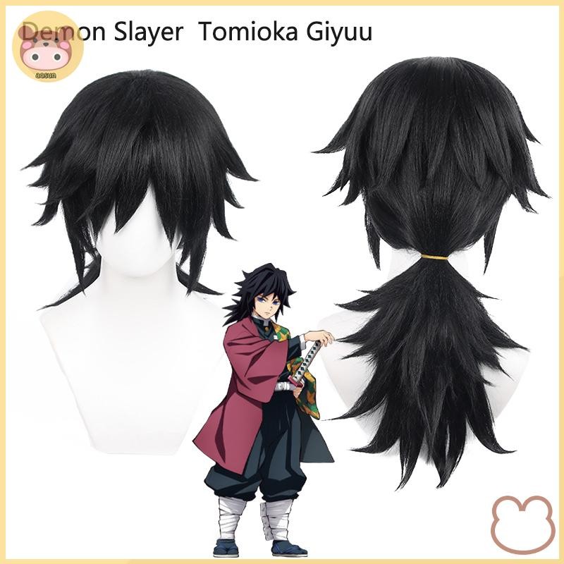 Aosun Anime Demon Slayer Tomioka Giyuu cosplay wig - tóc giả tổng hợp đen 60cm chịu nhiệt