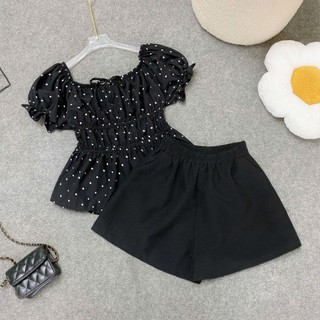 Set đồ bigsize nữ áo tay phồng bo chun tôn dáng dáng dễ thương mix cùng quần đùi chất fos A282+Q500 