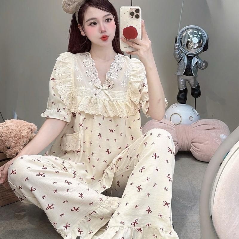 Sammy Bộ Mặc Nhà Cổ V Viền ren bản to chất liệu Đũi Vân mây hoạ tiết xinh xắn dễ thương cho Nữ DD22 Sammy nhiều màu sắc | BigBuy360 - bigbuy360.vn