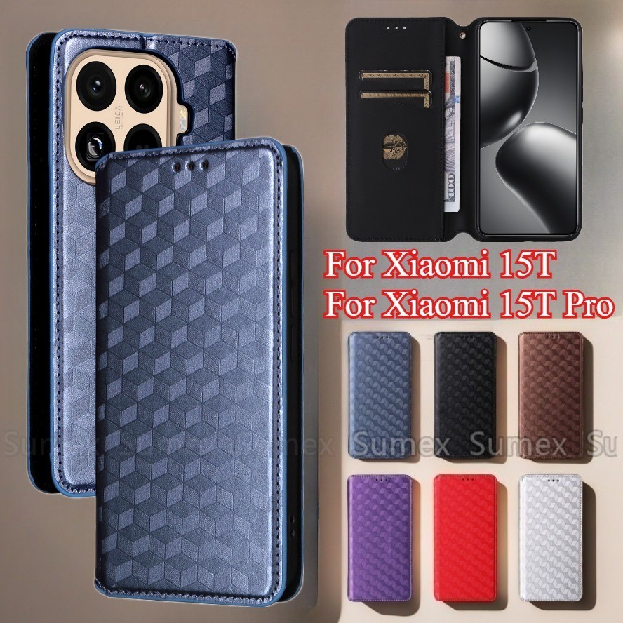 Lưới Bao Da Từ Tính Cho Xiaomi 15T Xiaomi15T Pro 5G Vỏ Điện Thoại Đứng Khe Cắm Thẻ Ví Vỏ Chống Sốc X