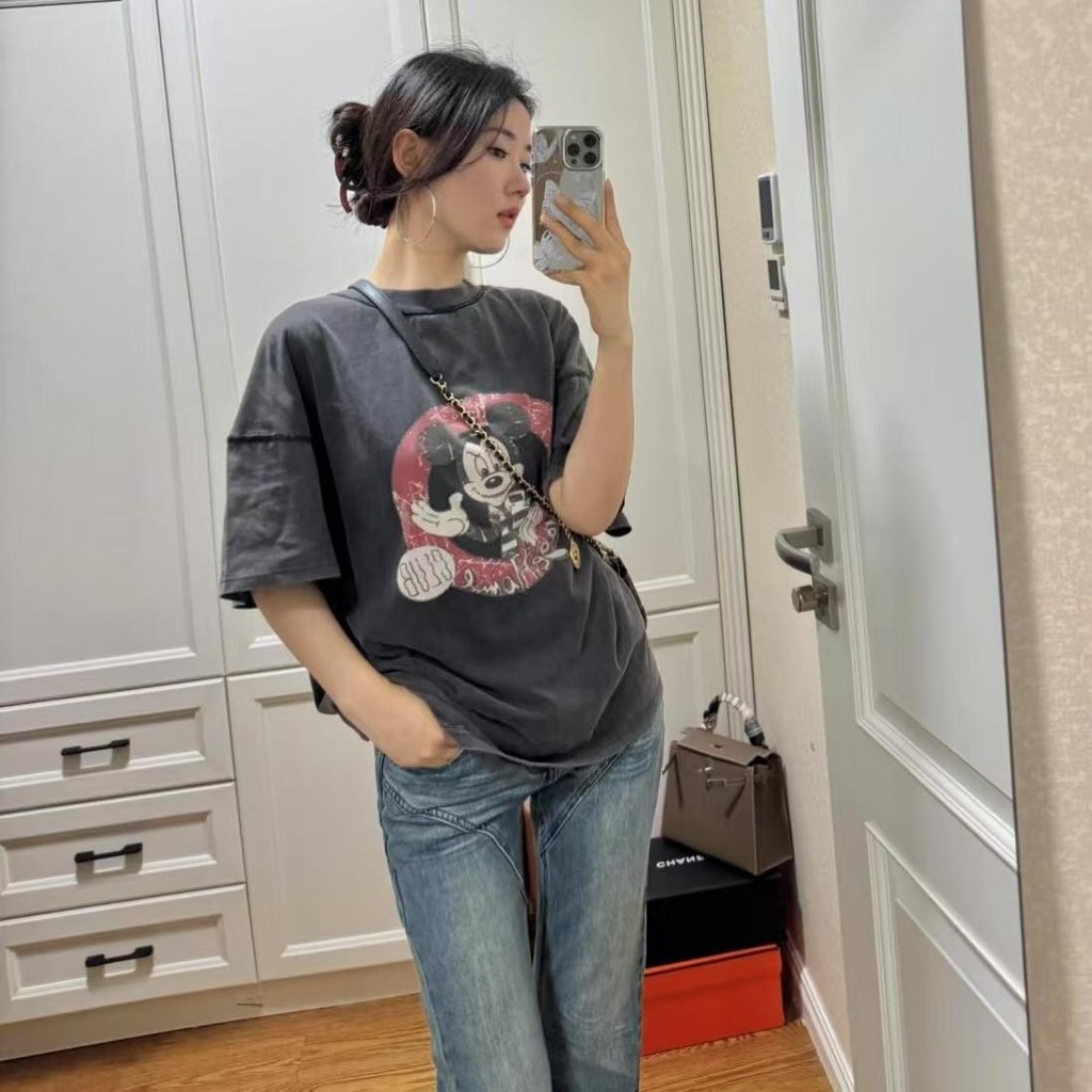 3UST SEE THE MIRAGE Mickey Mouse Funny Crack Print Cartoon Vintage Washed Loose Short Sleeve T T-shi
