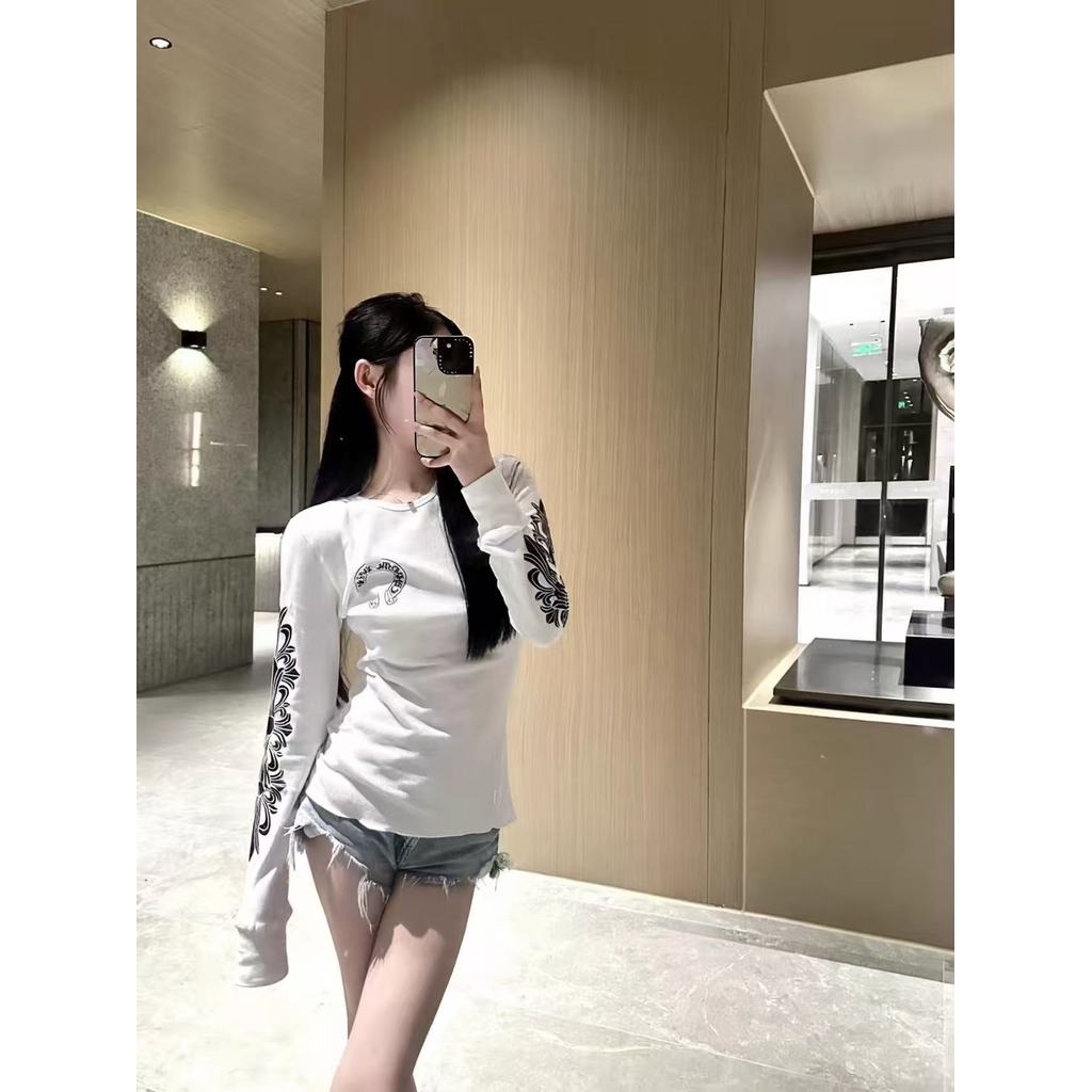 Chr---rts 25Early autumn new style waffle pattern horseshoe floral arm print unisex long-sleeve slim