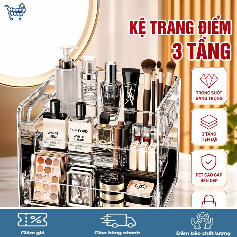 kệ đựng mỹ phẩm 3 tầng trong suốt hộp đựng nước hoa có tay cầm bằng pet bàn trang điểm