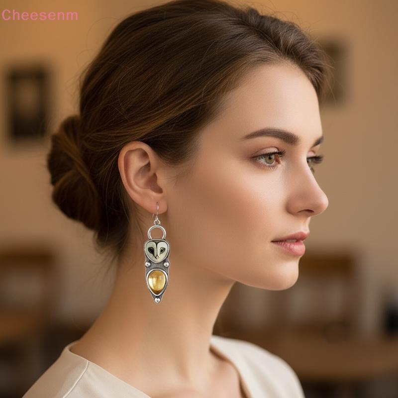 Cheesenm Retro Bạc Barn Owl Dangle Bông Tai Màu Vàng Tự Nhiên Citrine Inlay Mặc Hàng Ngày Đảng Dành 