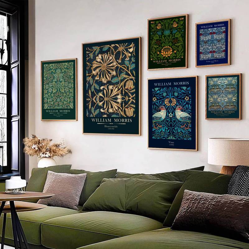 Bộ nghệ thuật treo tường bằng vải Canvas William Morris Trang trí hoa thực vật cổ điển cho gia đình