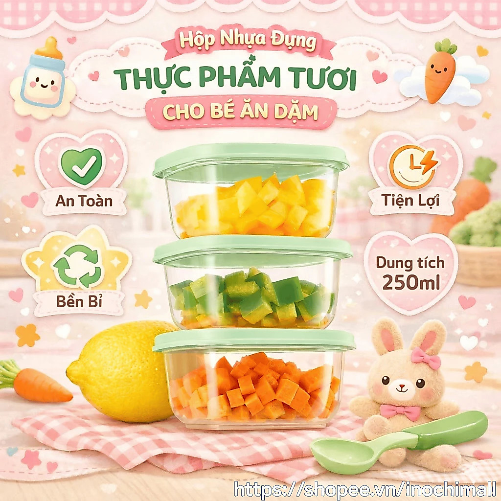Bộ 3 hộp thực phẩm vuông mini 250ml Inochi - nhỏ gọn tiện lợi, đựng đồ ăn dặm…