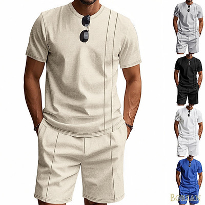 Nam Bộ Quần Short Tay Ngắn Vách Ngăn Cổ Tròn Rời Thể Thao Thoải Mái Thoáng Khí Đơn Giản Mỹ TJH73