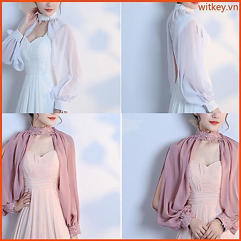 Women Side Split Long Sleeve Wedding Shawl Cape Halter Neck Chiffon Shrug Bolero