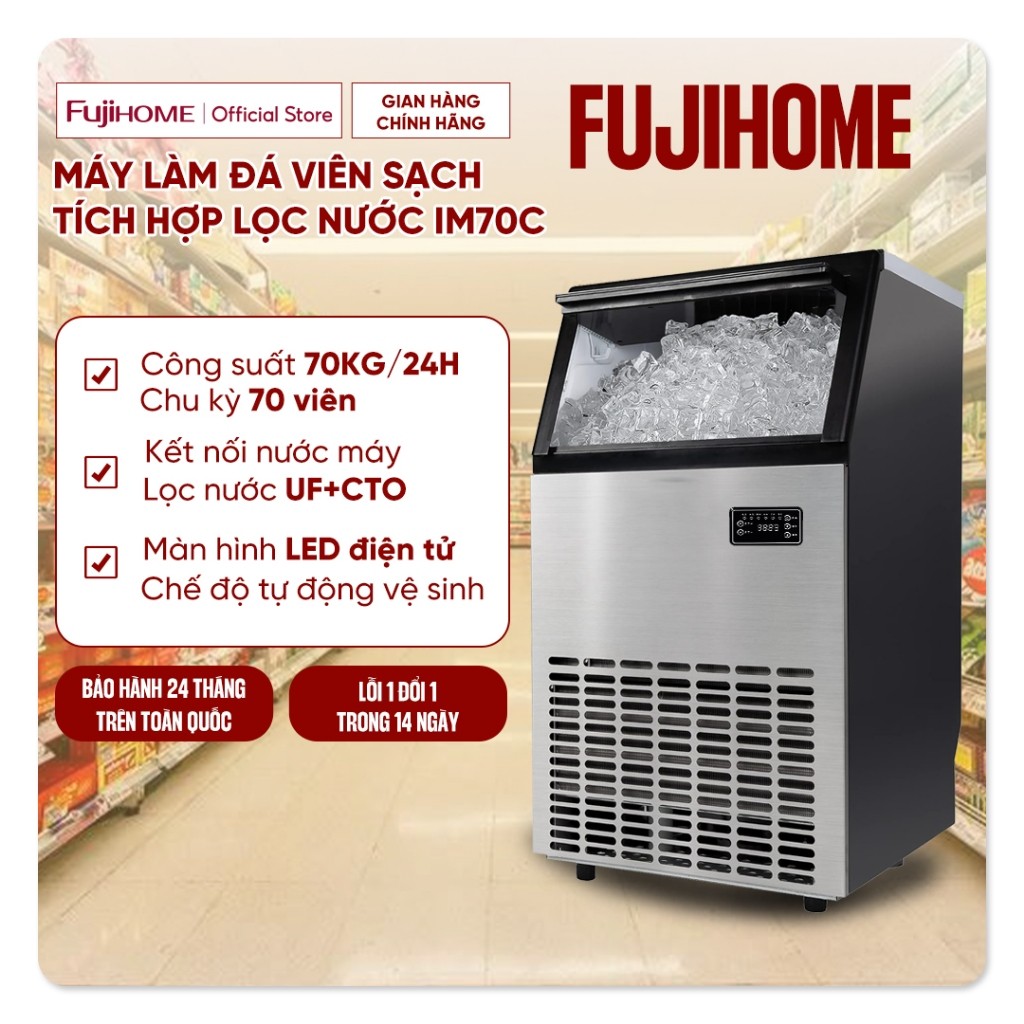 Máy làm đá viên sạch 70kg/ngày công nghiệp kèm lọc nước UF Fujihome IM70C, máy làm đá công suất 78 v