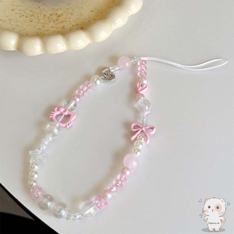 【Chamvn】Dây đeo điện thoại hình nơ mèo Kitty Dây đeo điện thoại ngắn Dây đeo máy ảnh Nữ dễ thương