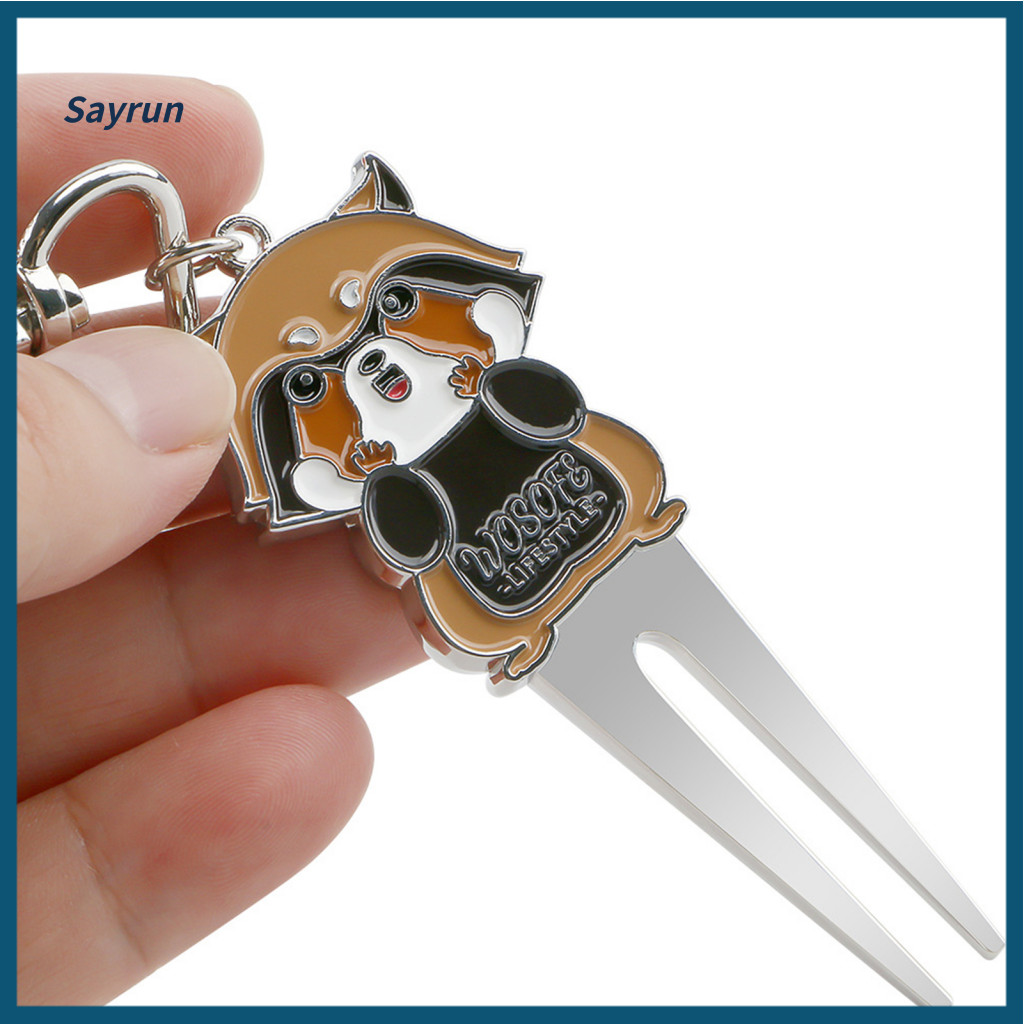 Sayrun Golf Pitch Mark Golf Green Fork Họa tiết hoạt hình Di động Golf Divot Tool Móc khóa có rãnh C