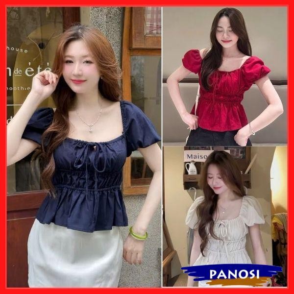Áo kiểu nữ dáng babydoll tiểu thư cổ vuông thiết kế nơ ngực xinh xắn A205-PANOSI | BigBuy360 - bigbuy360.vn